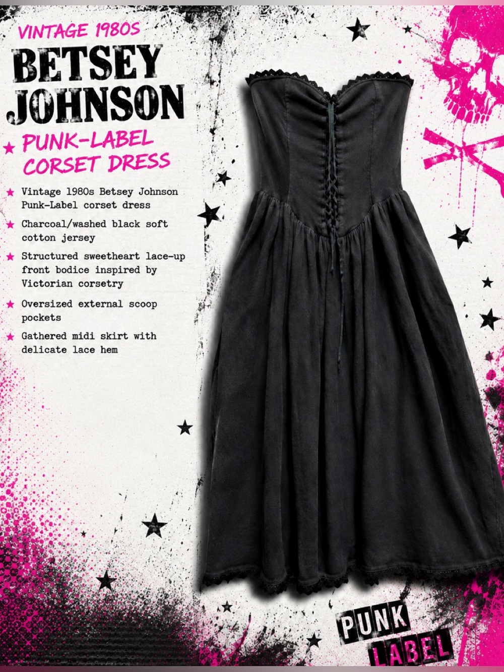 Vintage 1980s Betsey Johnson Punk Label Corset Dress Black Lace Up Midi L 10-12